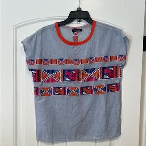 Stylish Blue and Orange Patterned Women's Blouse